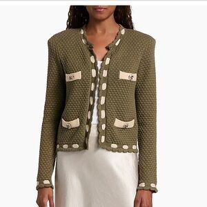 L’agence astor contrast trim Olive Green Textured Knit Jacket with Cream Trim